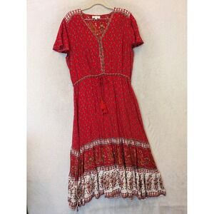 Böhme Midi Dress Women's XL Red Boho Paisley Tassel Tiered Short Sleeve V-Neck